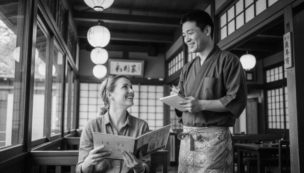 firefly gemini flash a foreign woman sitting at a japanese traditional restaurant, holding a menu and look 745150